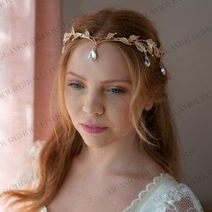 Gold Leaf Crystal Teardrop Bridal Headband
